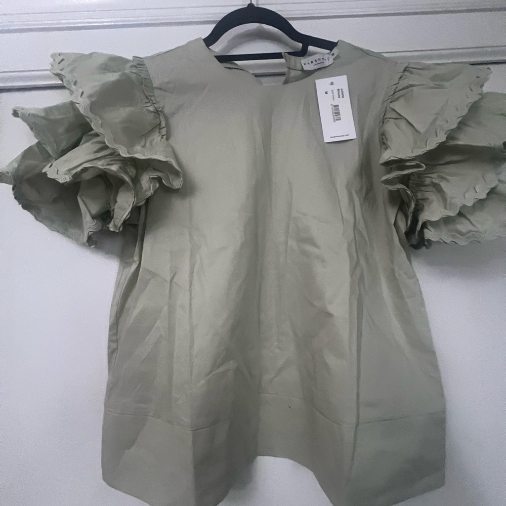 Harshman Green Puff Sleeve Ruffled Blouse
